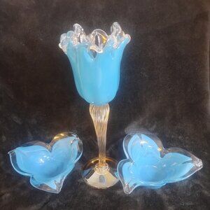 Murano Glass Trio Set – Hand-Blown Blue Tulip Vase and Two Matching Flower Bowls